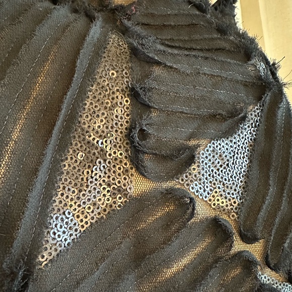 Tadashi Shoji Demie gown 8 black, sequins, ruffles. Ribbon tie waist - Picture 4 of 13